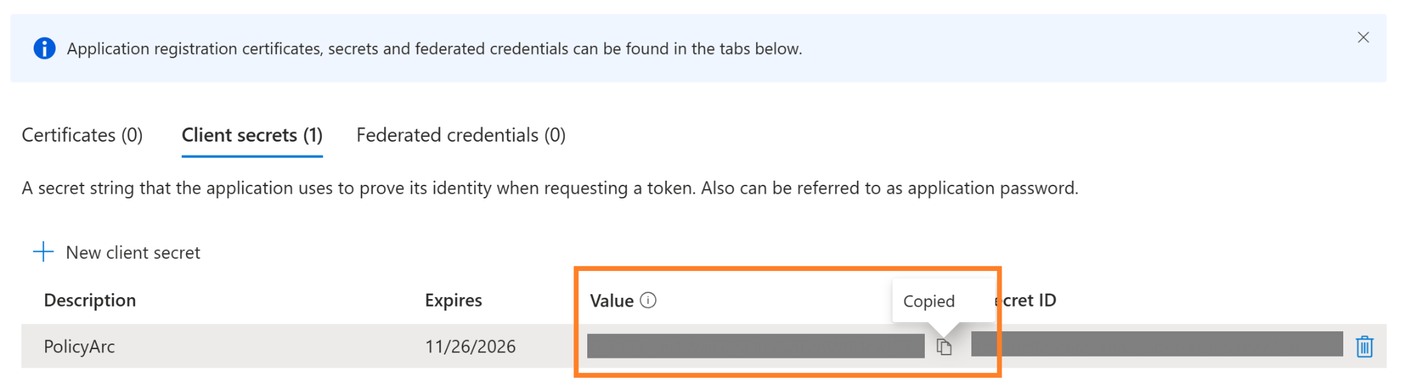 Client secret value